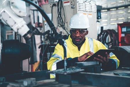 African American factory worker working with adept robotic arm in a workshop . Industry robot...