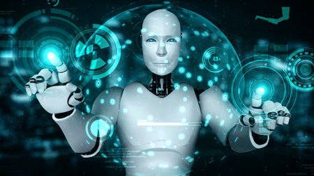 Futuristic robot artificial intelligence enlightening AI technology development and machine learning...