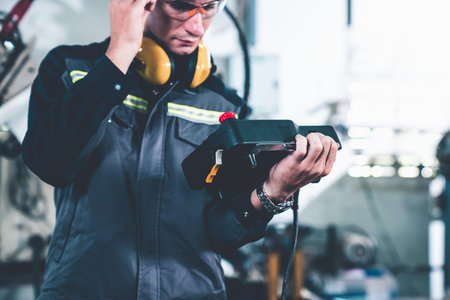 Young factory worker working with adept robotic arm in a workshop . Industry robot programming...
