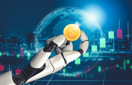 3D rendering futuristic droid robot technology development, artificial intelligence AI, and machine...