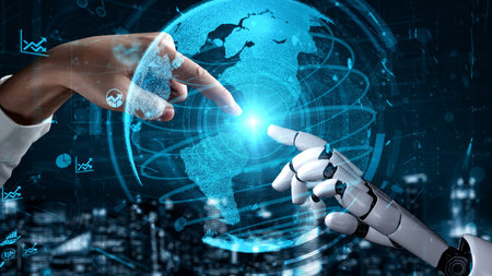 Futuristic robot artificial intelligence enlightening AI technology development and machine learning...