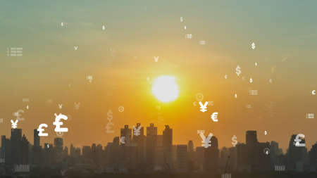 Business data analytic interface fly over smart city showing alteration future of business intelligence. Computer software and artificial intelligence are used to analyze big data for strategic plan .の写真素材