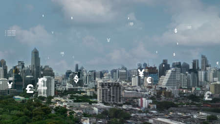 Business data analytic interface fly over smart city showing alteration future of business intelligence. Computer software and artificial intelligence are used to analyze big data for strategic plan .の写真素材