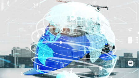 Future building construction and inventive engineering project concept with HUD hologram graphic design. Building engineer, architect people or construction worker works with modern civil technology.の写真素材