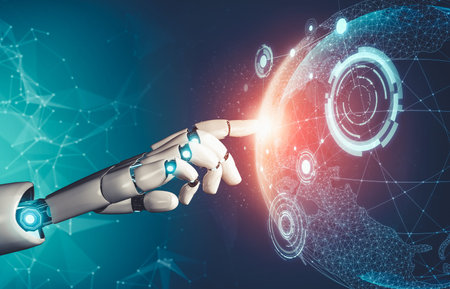 3D rendering futuristic droid robot technology development, artificial intelligence AI, and machine...