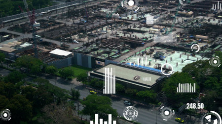 Construction technology concept with alteration graphic over construction site showing concept of automation and remote wireless machine control by using futuristic HUD in a computer software .の写真素材