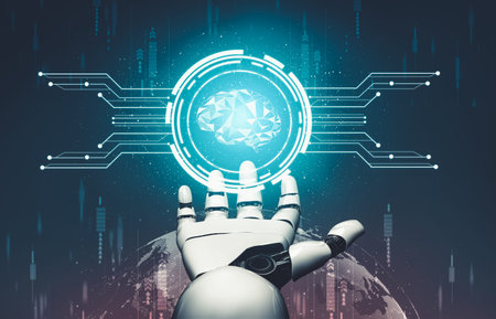 3D rendering futuristic droid robot technology development, artificial intelligence AI, and machine...