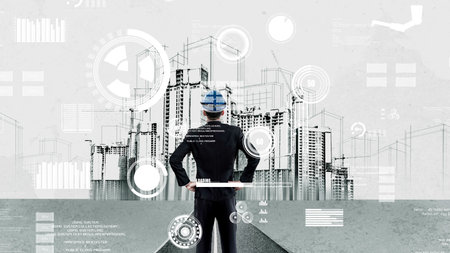 City civil planning and inventive real estate development . Architect people looking at abstract...