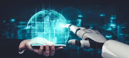 3D rendering artificial intelligence AI research of droid robot and cyborg development for future of...