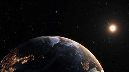 Planet earth with realistic geography surface and orbital 3D cloud atmosphere . Outer space view of world globe sphere of continents . 3D rendering graphic . Elements of this image furnished by NASA .の写真素材