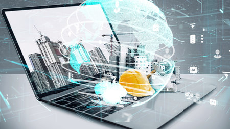 Innovative architecture and inventive civil engineering plan building construction project. Creative graphic design showing concept of infrastructure city building by architect, worker and engineer.の写真素材