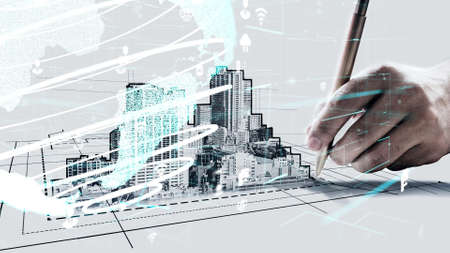 City civil planning and inventive real estate development . Architect people looking at abstract city sketch drawing to design creative future city building. Architecture dream and ambition concept.の写真素材