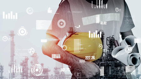 Future factory plant and inventive energy industry concept in creative graphic design. Oil, gas and...