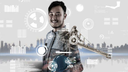 Future building construction and inventive engineering project concept with HUD hologram graphic design. Building engineer, architect people or construction worker works with modern civil technology.の写真素材