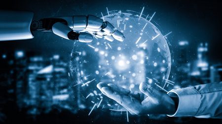 3D rendering artificial intelligence AI research of droid robot and cyborg development for future of...