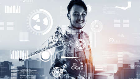 Future building construction and inventive engineering project concept with HUD hologram graphic design. Building engineer, architect people or construction worker works with modern civil technology.の写真素材