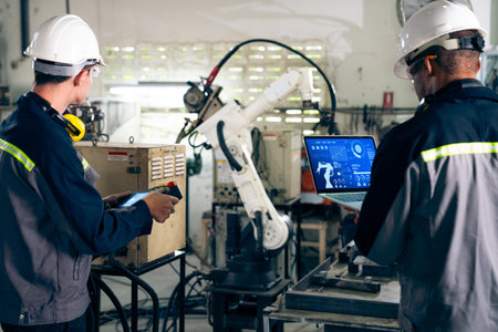 Factory workers working with adept robotic arm in a workshop . Industry robot programming software...