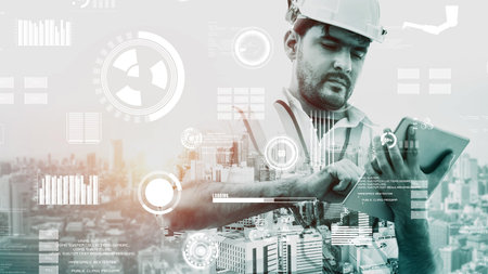 Future building construction and inventive engineering project concept with HUD hologram graphic...
