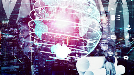 Future building construction and inventive engineering project concept with HUD hologram graphic...