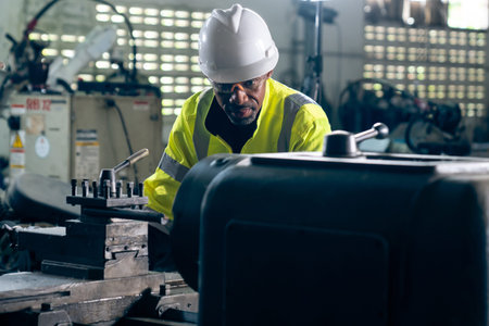 Factory worker or engineer do machine job in adept manufacturing workshop . Industrial people and...