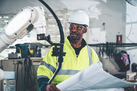 African American factory worker working with adept robotic arm in a workshop . Industry robot programming software for automated manufacturing technology .の写真素材