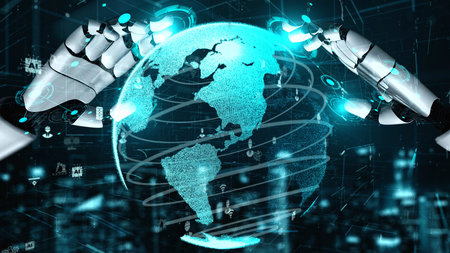 Futuristic robot artificial intelligence enlightening AI technology development and machine learning...