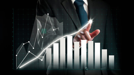 Businessman draw finance allusive graph chart showing business profit growth increasing to future...