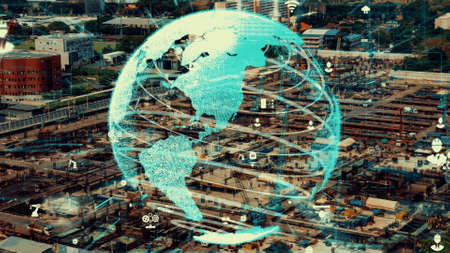 Construction technology concept with alteration graphic over construction site showing concept of automation and remote wireless machine control by using futuristic HUD in a computer software .の写真素材