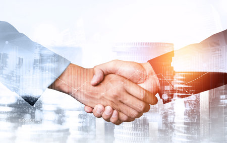 Business handshake on finance prosperity and money technology asset background . Economy and...
