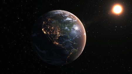 Planet earth with realistic geography surface and orbital 3D cloud atmosphere . Outer space view of...
