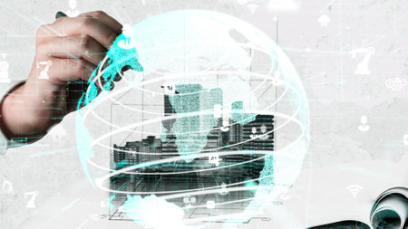 City civil planning and inventive real estate development . Architect people looking at abstract city sketch drawing to design creative future city building. Architecture dream and ambition concept.の写真素材