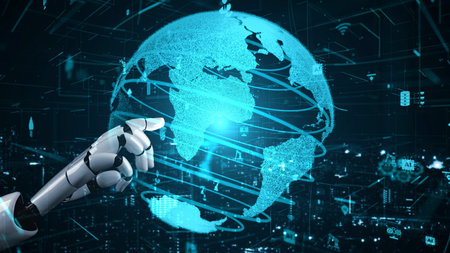 Futuristic robot artificial intelligence enlightening AI technology development and machine learning...