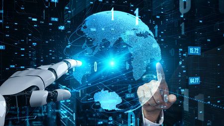 Futuristic robot artificial intelligence enlightening AI technology development and machine learning...