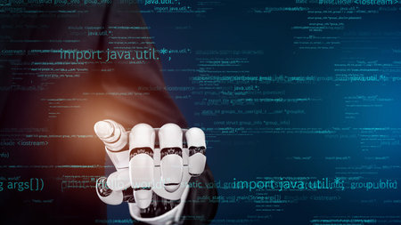 Futuristic robot artificial intelligence revolutionary AI technology development and machine learning concept. Global robotic bionic science research for future of human life. 3D rendering graphic.の写真素材
