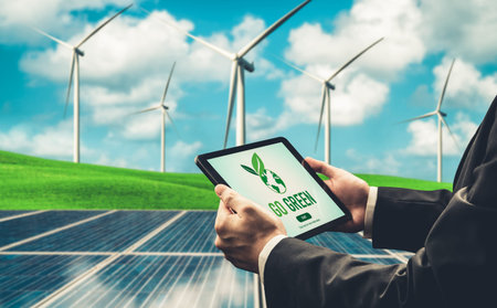 Green business transformation for environment saving and ESG business concept. Businessman using...