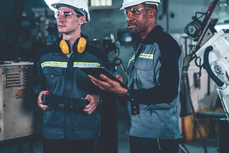 Group of factory job workers using adept machine equipment in a workshop . Industry manufacturing...