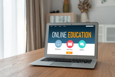 E-learning website with modish sofware for student to study online on the internet networkの写真素材