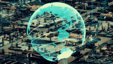 Construction technology concept with alteration graphic over construction site showing concept of automation and remote wireless machine control by using futuristic HUD in a computer software .の写真素材