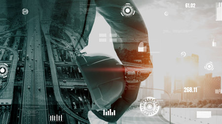 Future building construction and inventive engineering project concept with HUD hologram graphic...
