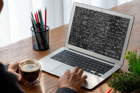 Mathematic equations and modish formula on computer screen showing concept of science and education
