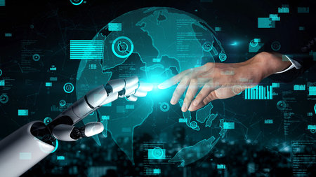 Futuristic robot artificial intelligence enlightening AI technology development and machine learning...