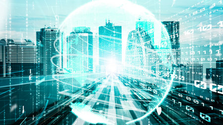 Futuristic global social media, people network and tacit digital data sharing . Concept of smart digital transformation and technology disruption that changes global trends in new information era .の写真素材