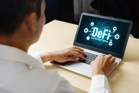 Decentralized finance or DeFi concept on modish computer screen . The defi system give new choice of investment and money saving .の写真素材