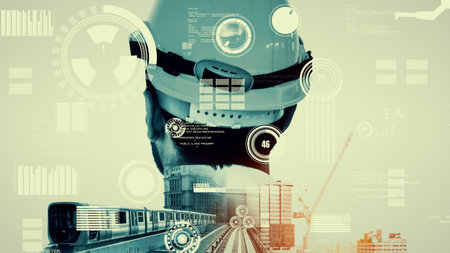 Future building construction and inventive engineering project concept with HUD hologram graphic...