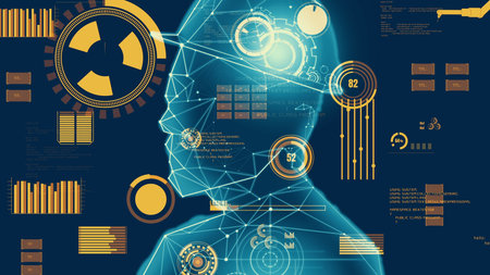 Abstract design of gears in inventive human head outline showing concept of engineering,...