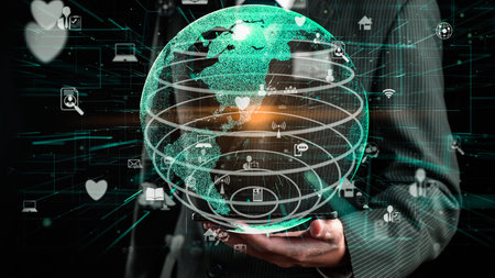 Businessman show hologram of global network communication allusive technology. Virtual augmented...