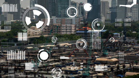 Construction technology concept with alteration graphic over construction site showing concept of...