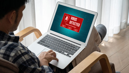 Virus warning alert on computer screen detected modish cyber threat , hacker, computer virus and...