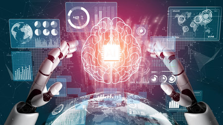 Futuristic robot artificial intelligence revolutionary AI technology development and machine...