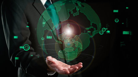 Businessman show hologram of global business communication allusive technology. Virtual augmented...